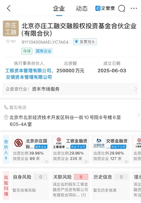 工银投资交银投资等在北京亦庄成立股权基金 出资额25亿